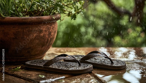 Flip Flops Resting on a Wet Wooden Surface Next to a Plant Pot.