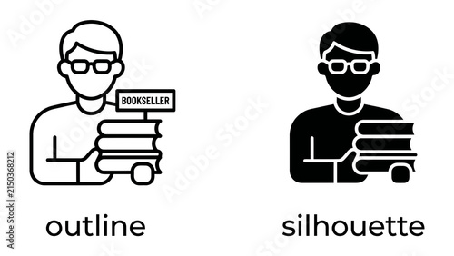 фотографія Bookseller Icon: A professional bookseller is depicted in both outline and silhouette styles, holding a stack of books, symbolizing knowledge and literature