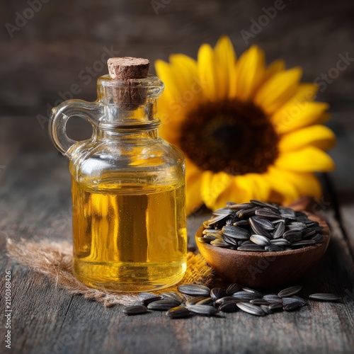 sunflower oil extract on wooden background, Generative AI,