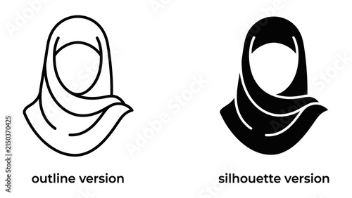 Foto Hijab Icon Set: A minimalist collection featuring two distinct icons of a hijab, presented as both an outline version and a solid silhouette, symbolizing modest fashion and cultural identity