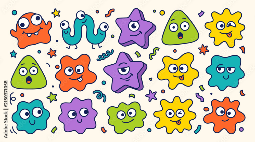 Fototapeta premium Cute colorful cartoon monster shapes with funny faces and doodle confetti