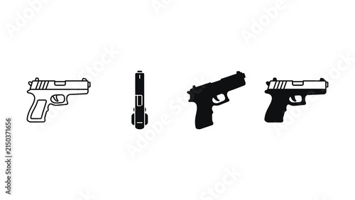 Set of black and white handgun icons with silhouette designs