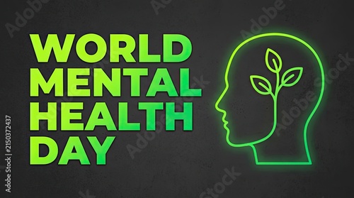 World mental health day concept featuring a human head profile with growing plant leaves in silhouette