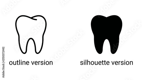 Tooth Icon Pair: A graphic resource featuring a tooth icon in both outline and silhouette versions, perfect for dental care branding and medical presentations.