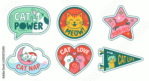 Bild auf Leinwand Cute cat themed stickers with playful pun phrases.