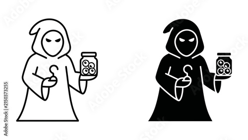 Canvas Print Mysterious Figure with Jar of Eyes: An enigmatic character shrouded in a hooded robe, with glowing eyes, holds a jar filled with human eyes, embodying an aura of mystery and dark intrigue
