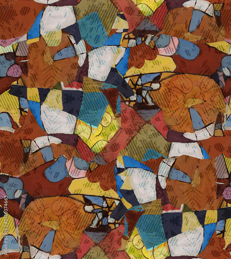 Fototapeta premium Abstract artistic collage seamless pattern with textured geometric shapes for retro textile print.