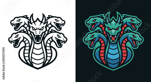 Hydra dragon mascot logo in line art and color.