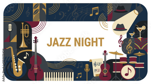 Jazz night event banner with stylized musical instruments.