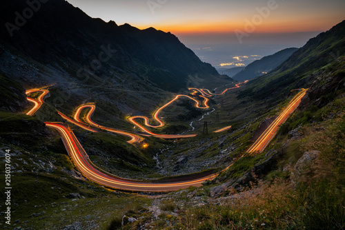 Traffic trails on Transfagarasan pass,crossing Carpathian mountains in Romania, Transfagarasan is one of the most spectacular mountain roads in the world