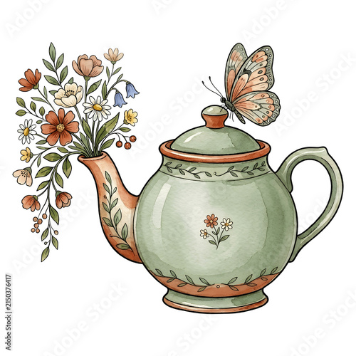 Tea kettle with flowers and a butterfly on top