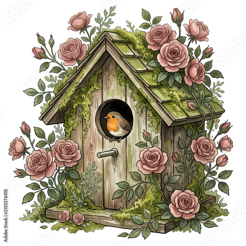 Birdhouse surrounded by roses with a small bird in the entrance during springtime