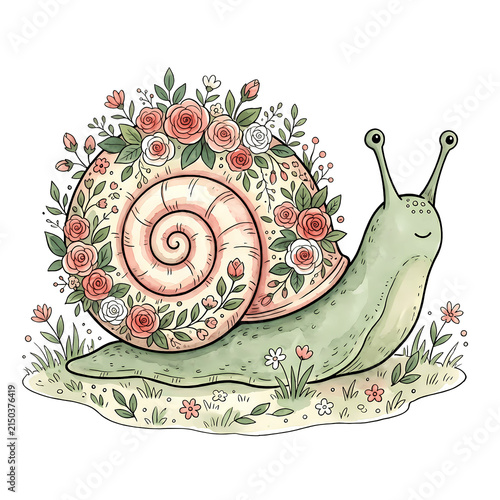 Snail with flower garden on its shell moves through grassy area on a sunny day