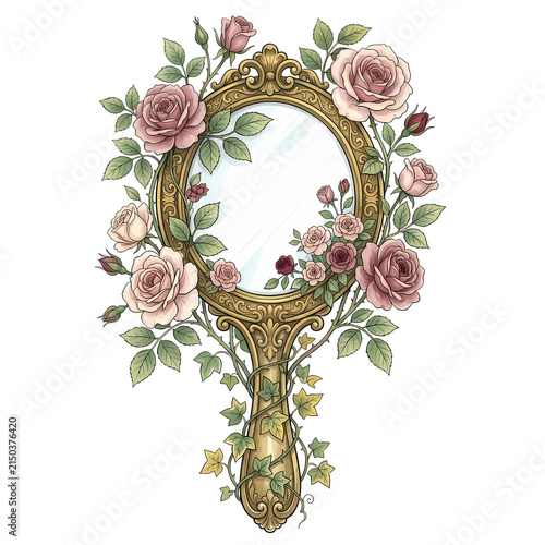 Decorative mirror surrounded by flowers and leaves is displayed on a plain background