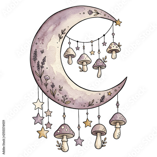 Watercolor Magic Crescent Moon with Mushrooms and Stars