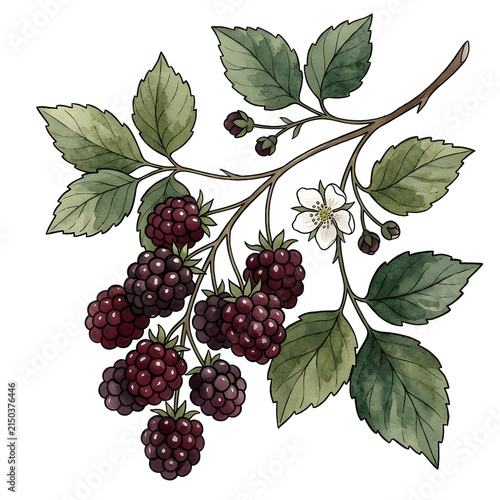 Bramble branch with ripe blackberries and white flower showing fresh fruit and green leaves