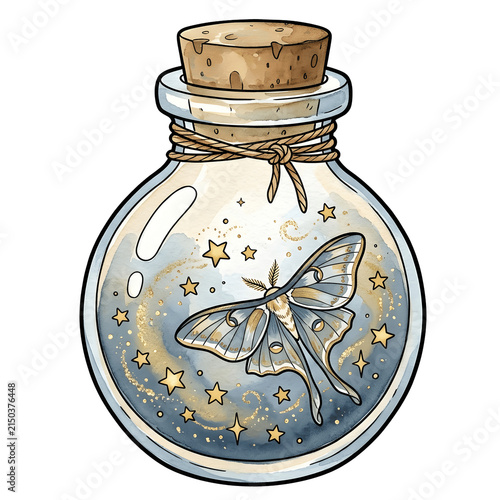 Watercolor Magic Bottle with Lunar Moth and Stars