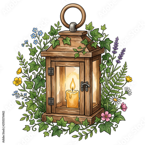 Wooden lantern with burning candle surrounded by ivy leaves and wildflowers on black background