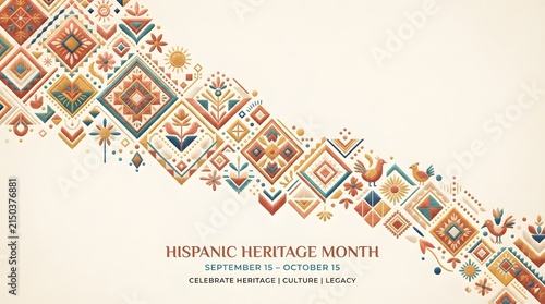 Hispanic Heritage Month background with traditional geometric folk art patterns and decorative ethnic elements.