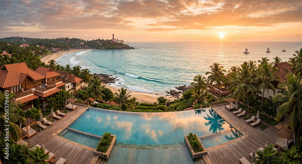 Fototapeta premium Luxury resort coastline overlooking the breathtaking Arabian Sea with tropical beaches and premium seaside hospitality in Kovalam Kerala India