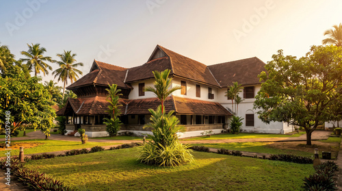 Elegant Bolgatty Palace surrounded by tropical gardens and serene waterfront showcasing colonial heritage in Kochi Kerala India