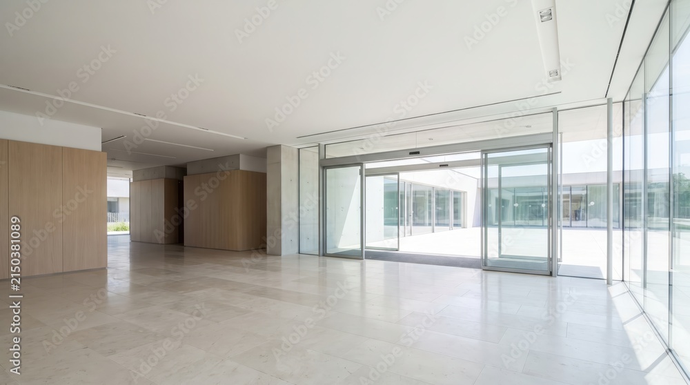 Fototapeta premium Modern bright corporate building lobby featuring sliding automatic glass doors providing inclusive accessible entrance