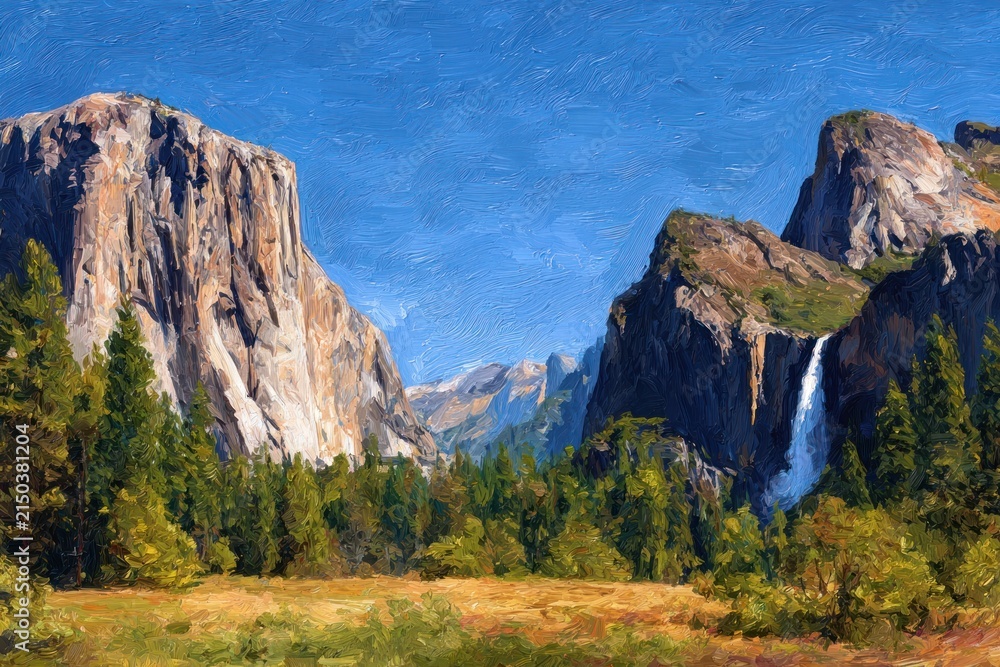 Obraz premium Scenic mountain landscape with waterfall and trees.