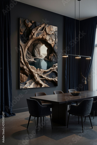 Art piece of cave and water displayed in modern dining room with dark curtains