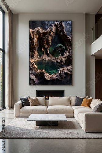Modern living room with large artwork on the wall and simple furniture arranged around a coffee table
