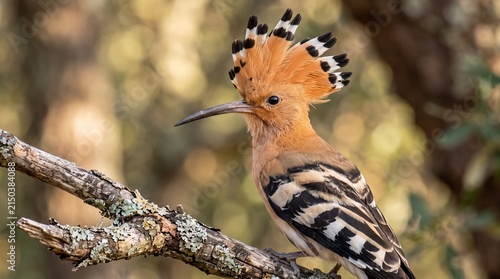 Eurasian Hoopoe Perched on a Branch: A striking Eurasian Hoopoe bird with its distinctive crest perched on a moss-covered tree branch in a forest setting.