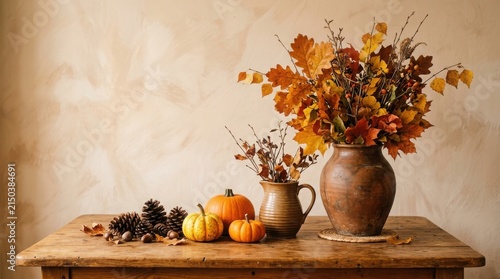 Thanksgiving Day Cozy autumnal still life arrangement on a rustic wooden table with pumpkins and fall foliage