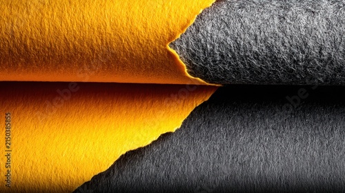 Abstract Macro Background of Layered Yellow and Dark Grey Felt Fabric Texture with Jagged Edges