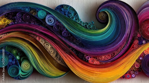 Abstract Quilling Art with Vibrant Colorful Paper Spirals and Elegant Flowing Wave Patterns