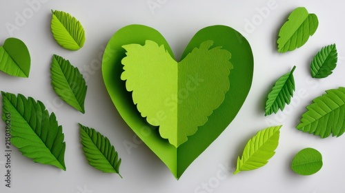 Eco Friendly Green Paper Heart Surrounded by Fresh Leaves for Nature Conservation Concept