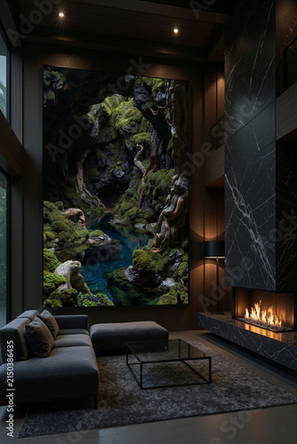 Modern living room with a large wall art of a natural landscape and a fireplace