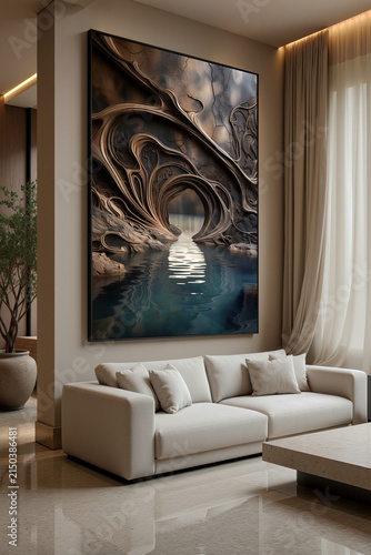 Artwork hangs on the wall above a couch in a well-lit living room with large windows