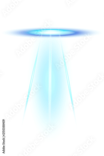 Glowing unidentified flying object with bright light beams on black background represents futuristic technology and alien spacecraft concepts