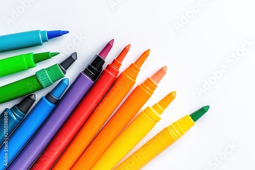 Colored markers with caps off arranged in diagonal rainbow pattern on white background