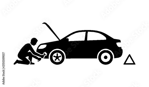 Fotografía Man Helping Broken Down Car Roadside Assistance Black Silhouette Vector