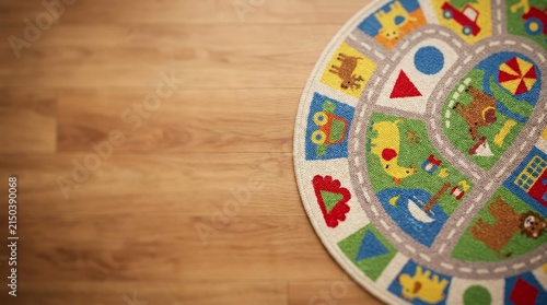Playful Kids' Rug with Colorful Designs, Indoor Home Decor, Cozy Environment, Aerial View, Engaging Child-Friendly Concept