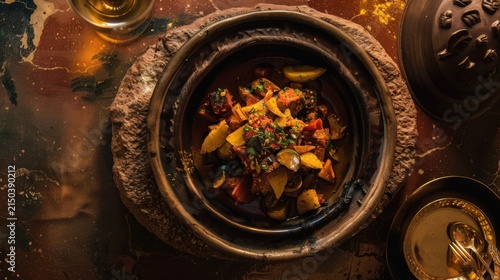 Traditional Moroccan Tagine with Chicken, Preserved Lemons, and Olives, Steaming Hot in a Handcrafted Ceramic Pot, Surrounded by Vibrant Spices and Fresh Ingredients on a Rustic Wooden Table, Capturin