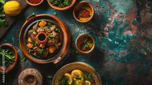 Traditional Moroccan Tagine with Chicken, Preserved Lemons, and Olives, Steaming Hot in a Handcrafted Ceramic Pot, Surrounded by Vibrant Spices and Fresh Ingredients on a Rustic Wooden Table, Capturin