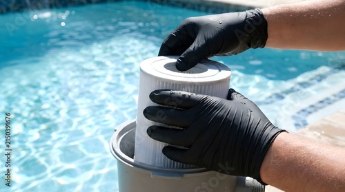 A technician wearing black gloves placing a new pleated filter cartridge into a pool pump canister.