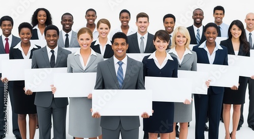 Diverse business professionals in formal attire holding blank white signs, smiling at camera. Ideal for corporate messaging, team building, recruitment campaigns and presentations.