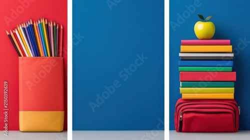 Three vertical banners with school supplies on colorful backgrounds