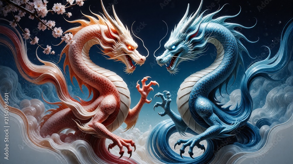 Fototapeta premium Ancient dragons lock eyes amid stormy clouds and blooming sakura