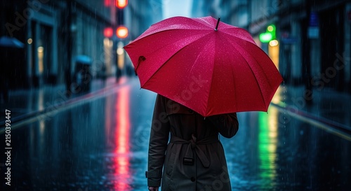 A person with a bright red umbrella stands on a wet city street at night. Colorful neon lights reflect on the rain-soaked pavement, creating a moody urban atmosphere of solitude.