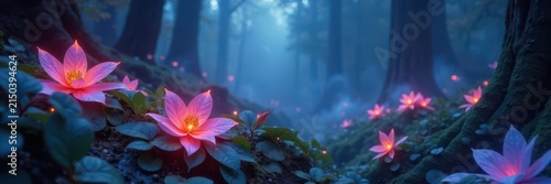 Ethereal glowing flora, iridescent leaves in mystical forest, otherworldly, texture