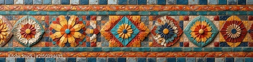Geometric tilework, ancient temple wall detail, decor, background, history