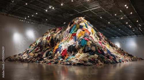 Mountain of discarded clothing in a large warehouse photographic image